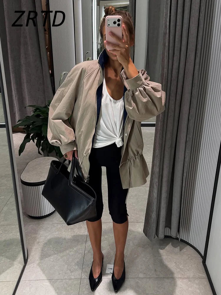 Damen Jacke Beige mit Tunnelzug Ballonärmel Stehkragen Kurz Übergangsjacke