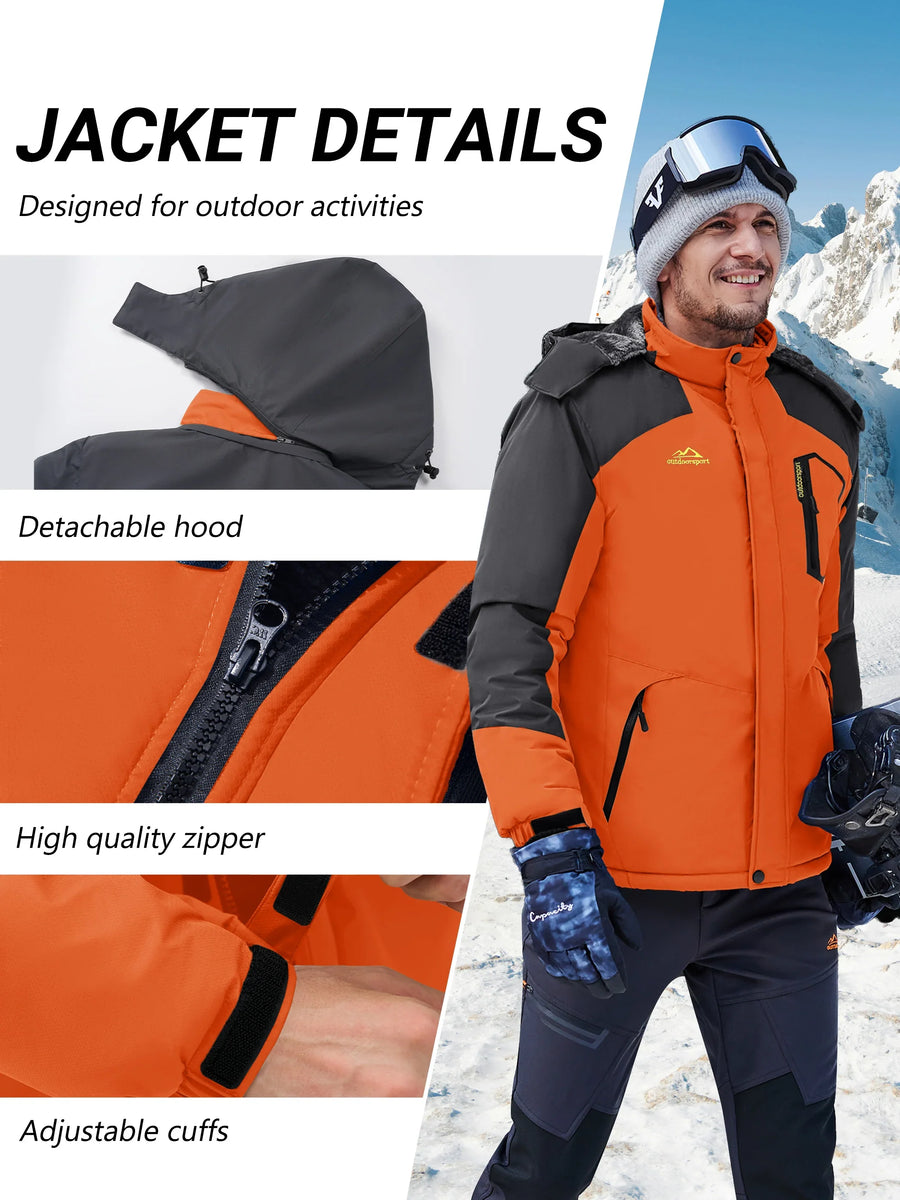 Herren Skijacke Outdoor Winterjacke Wasserdicht Orange Schwarz