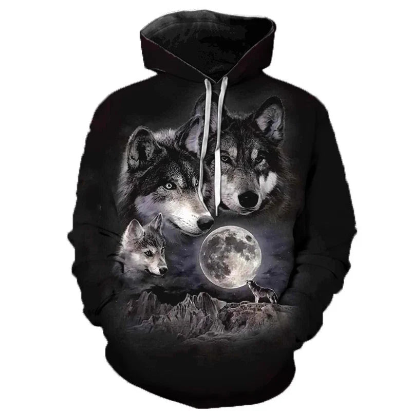 Unisex hoodie met wolvenmotief, kleurrijke 3D-print en trekkoord
