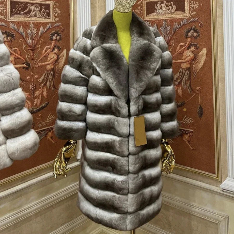 Damen Luxus Mantel Langarm Kunstpelz Weicher Kragen Beige-Grau Gestreift