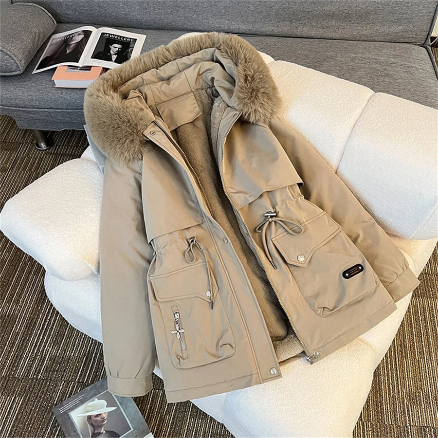 Damen Winterjacke Parka mit Kapuze Pelzimitat Innenfutter Tunnelzug