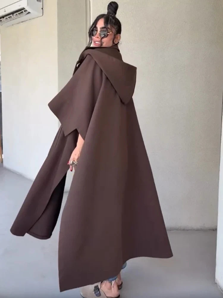 Damen Langer Mantel Braun Locker Oversize-Schnitt Mit Weiten Ärmeln