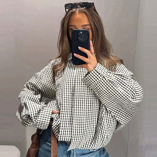 Damen Kariertes Hemd Kragen Langarm Locker Oversized Bluse