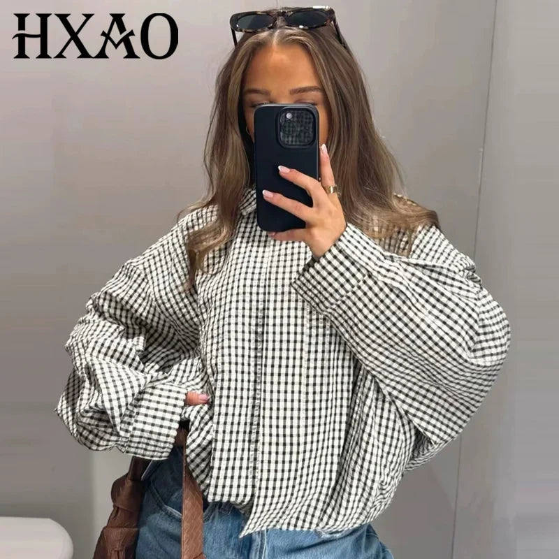 Damen Kariertes Hemd Kragen Langarm Locker Oversized Bluse