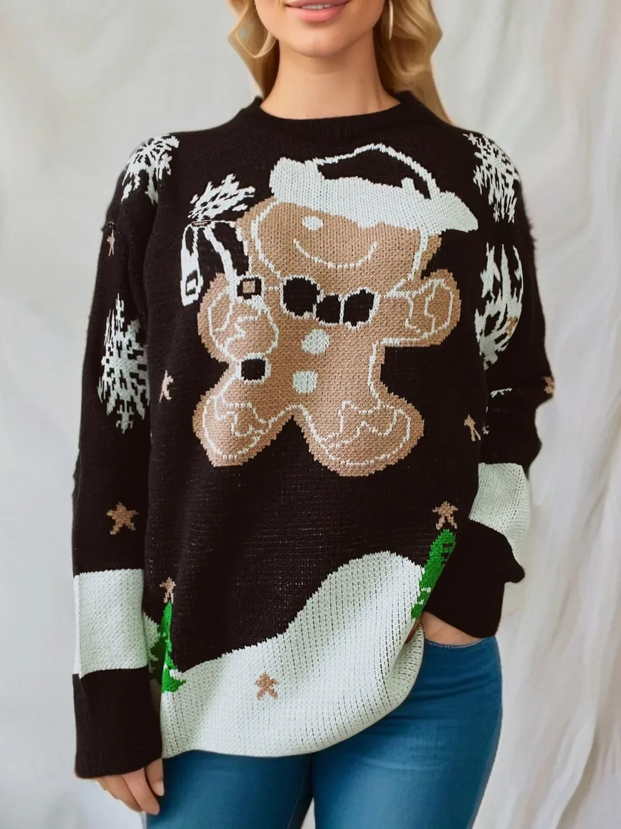 Kerstpullover met peperkoekmannetje, ronde hals en lange mouwen