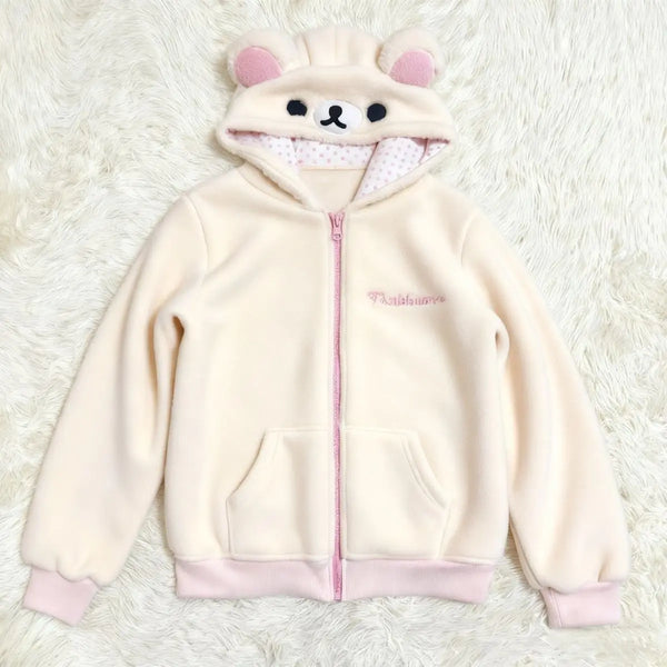 Teddybär Hoodie mit Reißverschluss für Damen – Beige/Cremefarben mit Bärenohren & Stickerei