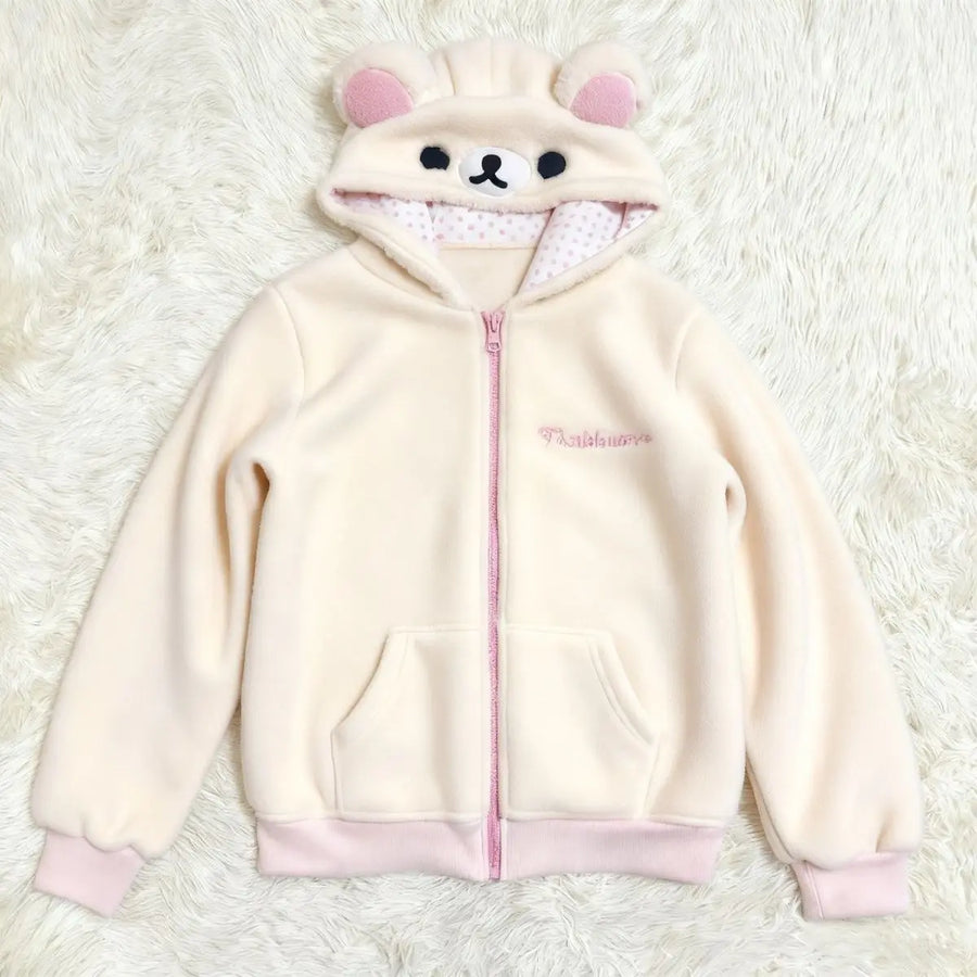 Teddybär Hoodie mit Reißverschluss für Damen – Beige/Cremefarben mit Bärenohren & Stickerei