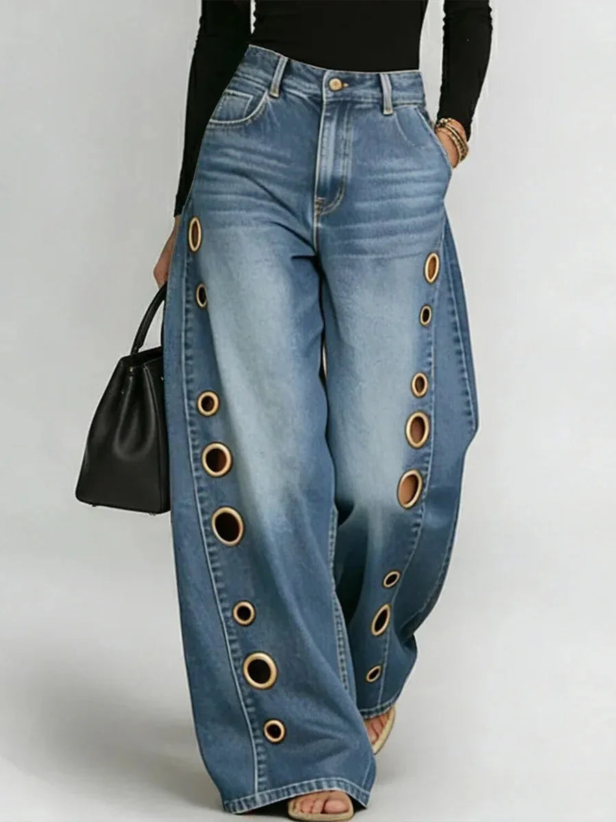 Damen Weite Jeans mit Ösen - Locker geschnitten, Hoher Bund