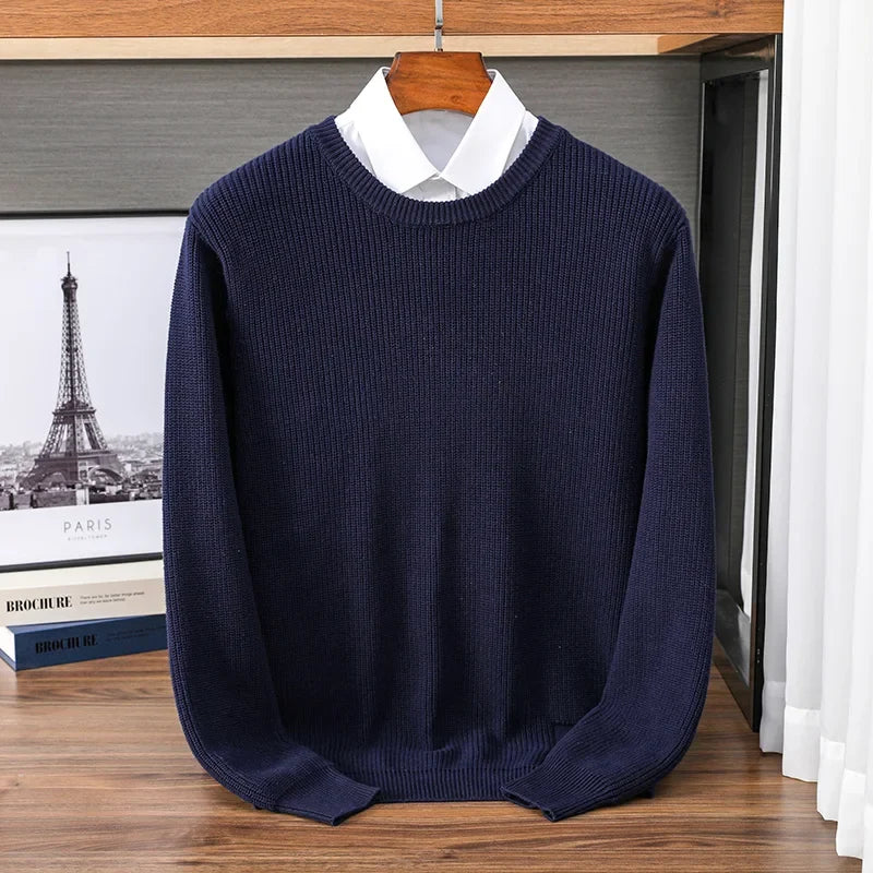 Heren pullover met ronde hals, gebreide pullover, geribbeld, effen kleuren
