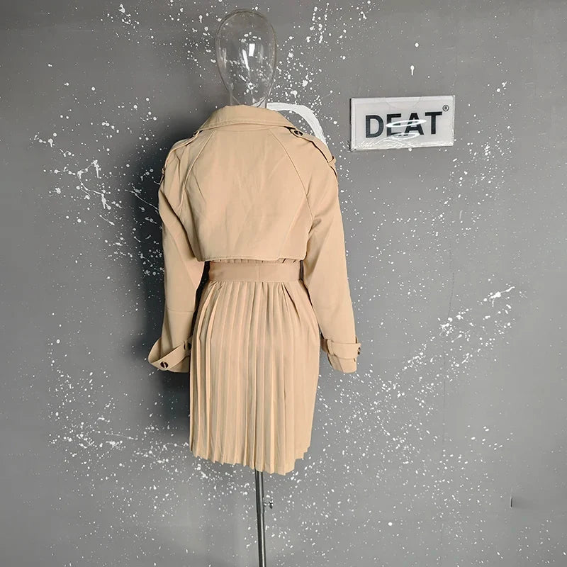 Damen Trenchcoat mit Faltenrock-Optik Gürtel Klassischer Kragen Beige