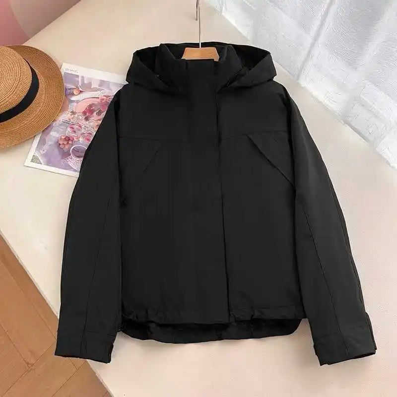 Kurze Kapuzenjacke mit hohem Kragen und Kordelzug, Weiß