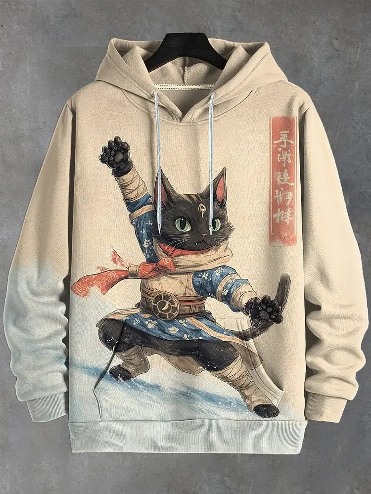 Unisexhoodie met kattenprint en kangoeroezak