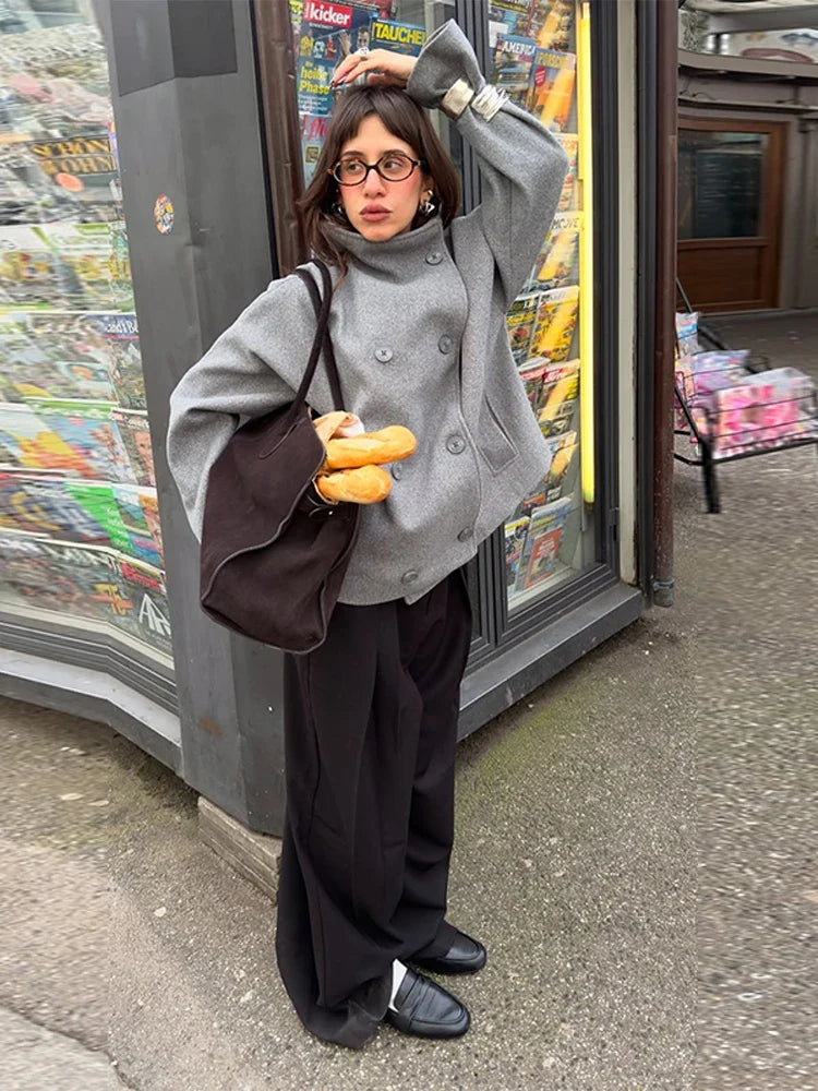 Kurze Damenjacke mit Stehkragen, Zweireiher, Grau oder Schwarz, Lockere Passform