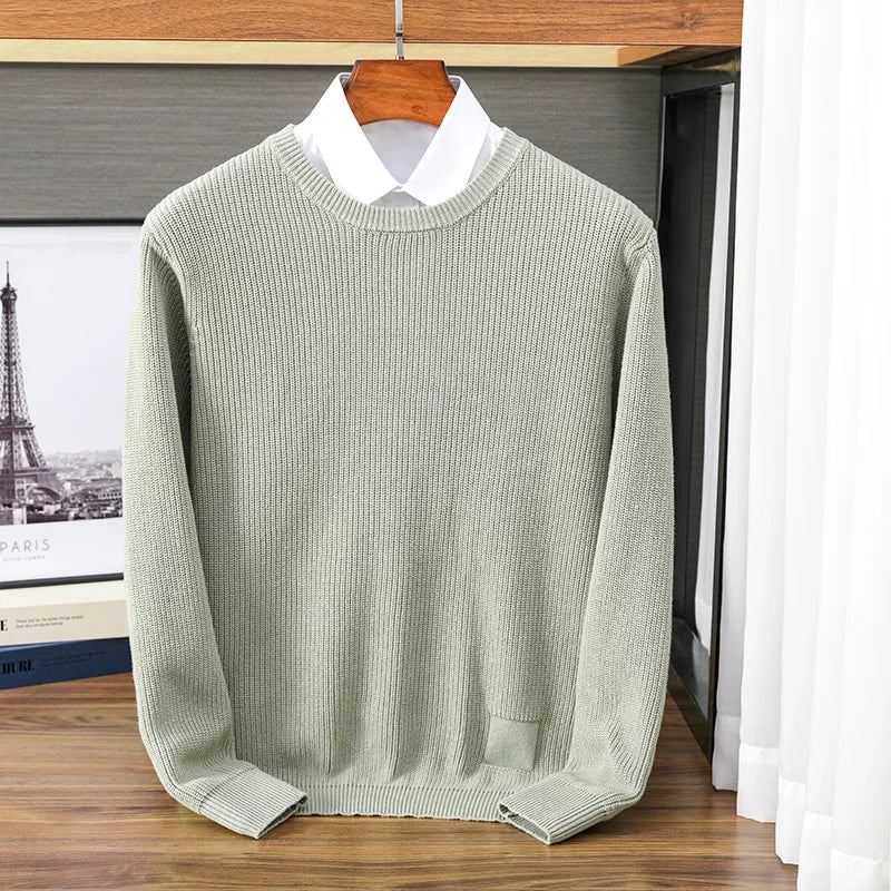 Heren pullover met ronde hals, gebreide pullover, geribbeld, effen kleuren