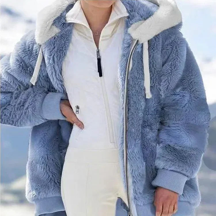 Damen Hoodie Jacke Fleece Winterjacke mit Kapuze Farbenblock