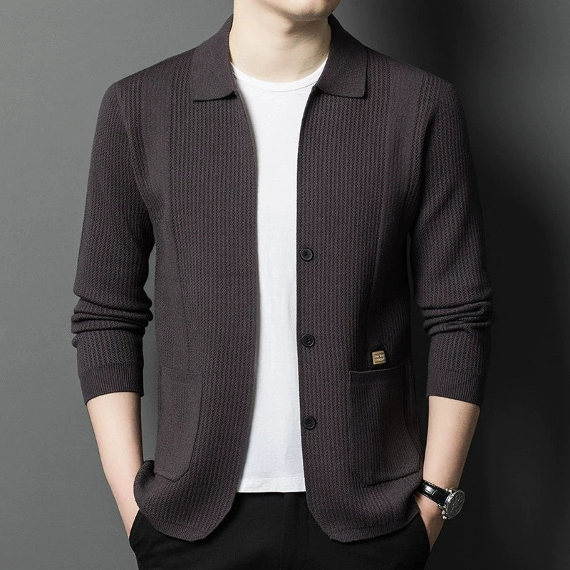 Herenvest met kraag en knoopsluiting, gebreide blazer, jasje met lange mouwen, gebreide pullover