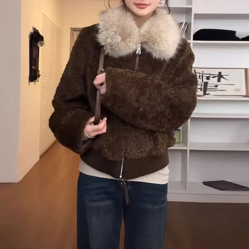 Damen Teddyfell Jacke mit Kunstfellkragen Reißverschluss
