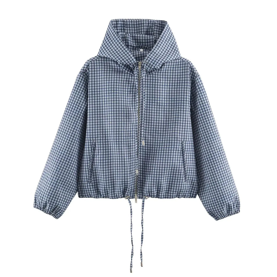 Damen karierte Kapuzenjacke mit Reißverschluss und Kordelzug