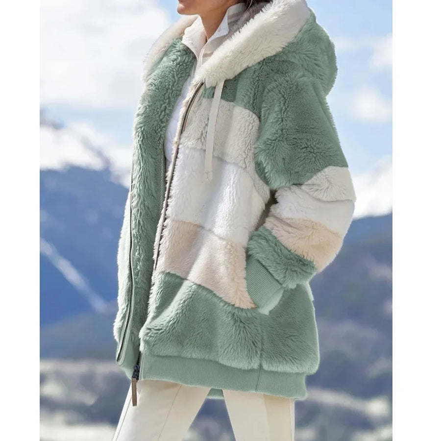 Damen Hoodie Jacke Fleece Winterjacke mit Kapuze Farbenblock