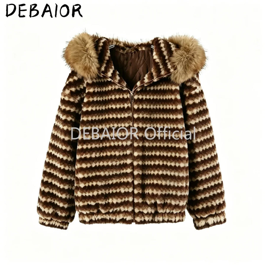 Damen Jacke mit Kapuze, gestreift, Fellimitat, Winterjacke warm