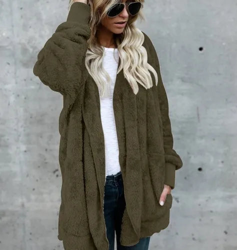 Damen Flauschige Strickjacke mit Kapuze und langen Ärmeln - Beigebraun