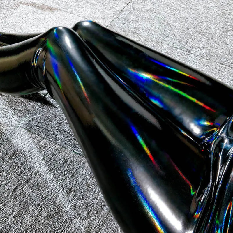 Holographische Leggings Schwarz Glänzend mit Regenbogen-Effekt