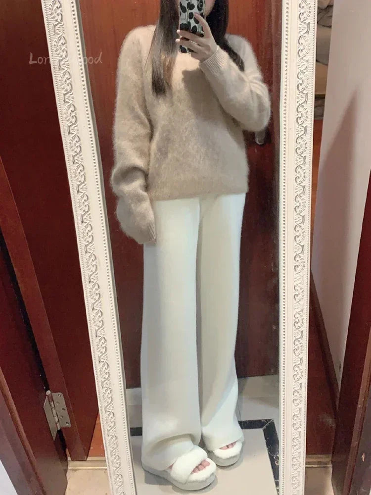 Damen Strickhose Weites Bein Hoher Bund mit Kordelzug