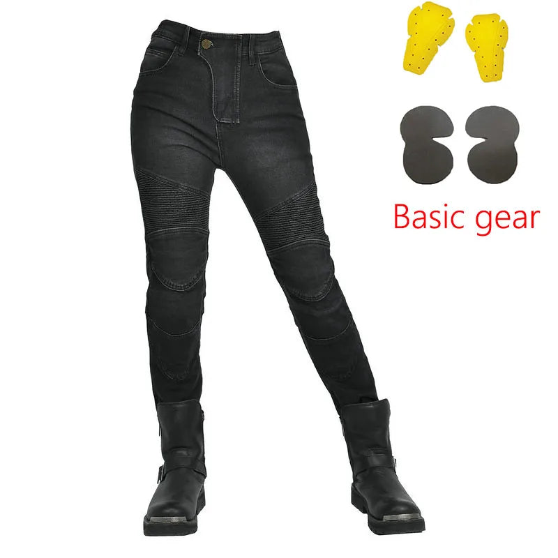 Motorjeans voor dames met protectoren, beschermpads, ribpatroon en slim fit