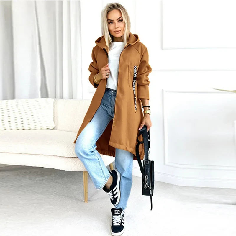 Damen Lange Hoodie Jacke mit Reißverschluss und Kapuze