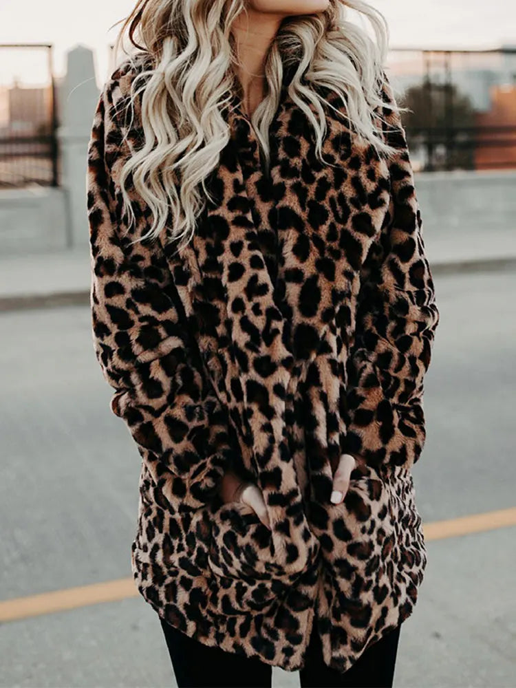 Damen Jacke Leopardenmuster Kunstfell Langarm, weich