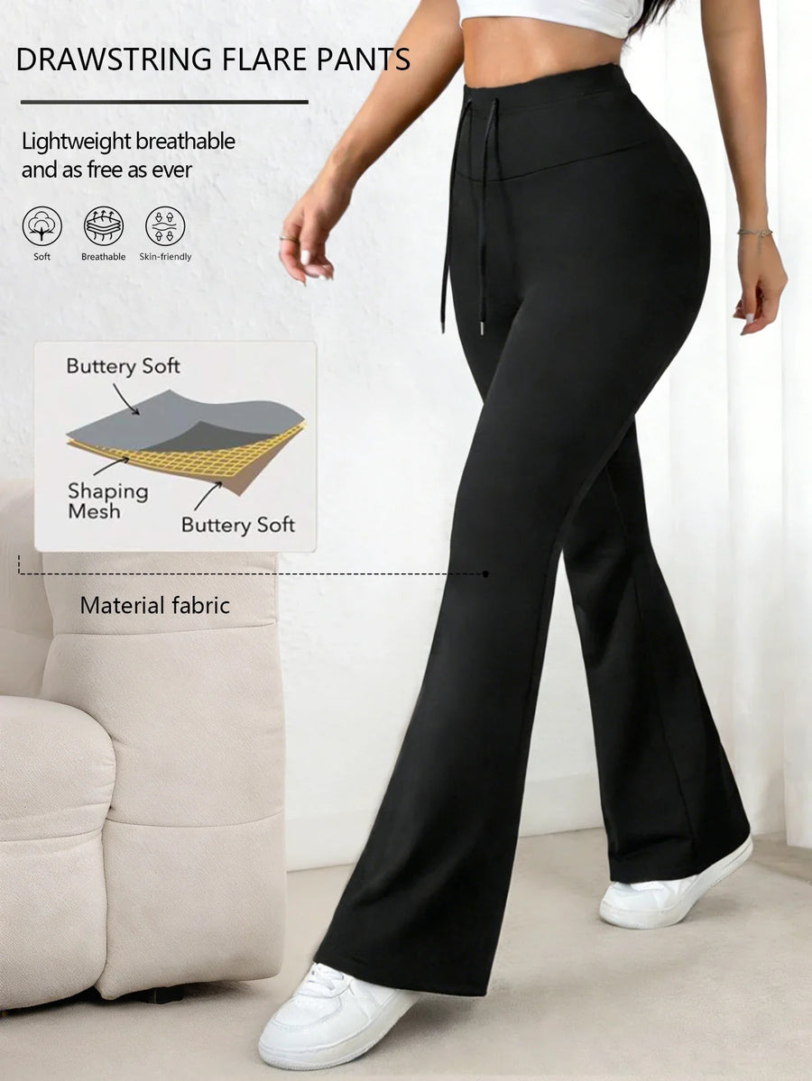 Zwarte damesflared broek met hoge taille en tunnelkoord
