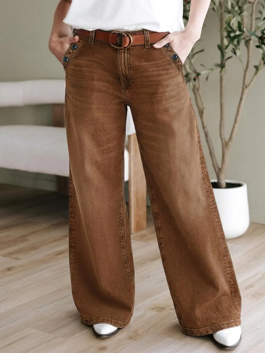 Bruine wide-legbroek voor dames met hoge taille en knoopdetails