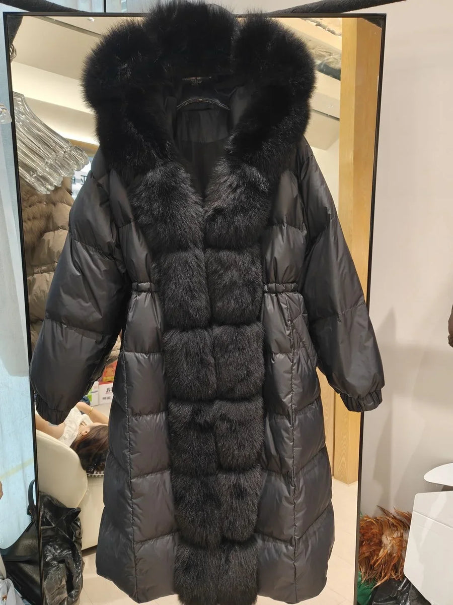 Damen Steppmantel Lang mit Kapuze und Pelzbesatz Winterjacke