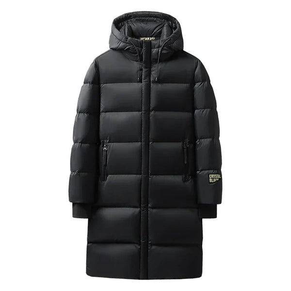 Langer Schwarzer Steppmantel mit Kapuze für Herren Winter Warm Parka