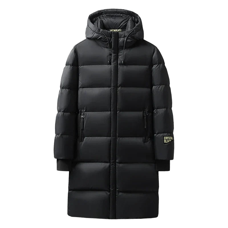 Langer Schwarzer Steppmantel mit Kapuze für Herren Winter Warm Parka