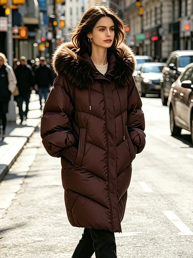 Damen Pufferjacke mit großer Kapuze und Pelzbesatz, Langarm, Khaki
