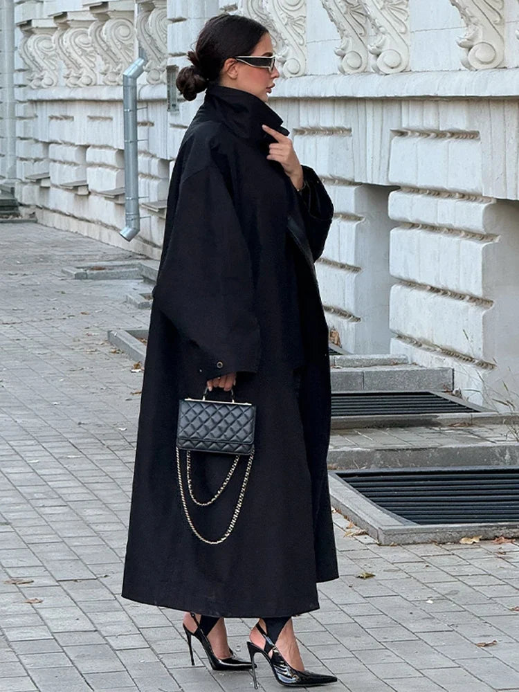Damen Oversize Trenchcoat Mantel Lang Glockenärmel Stehkragen Gürtel Freizeit Jacke