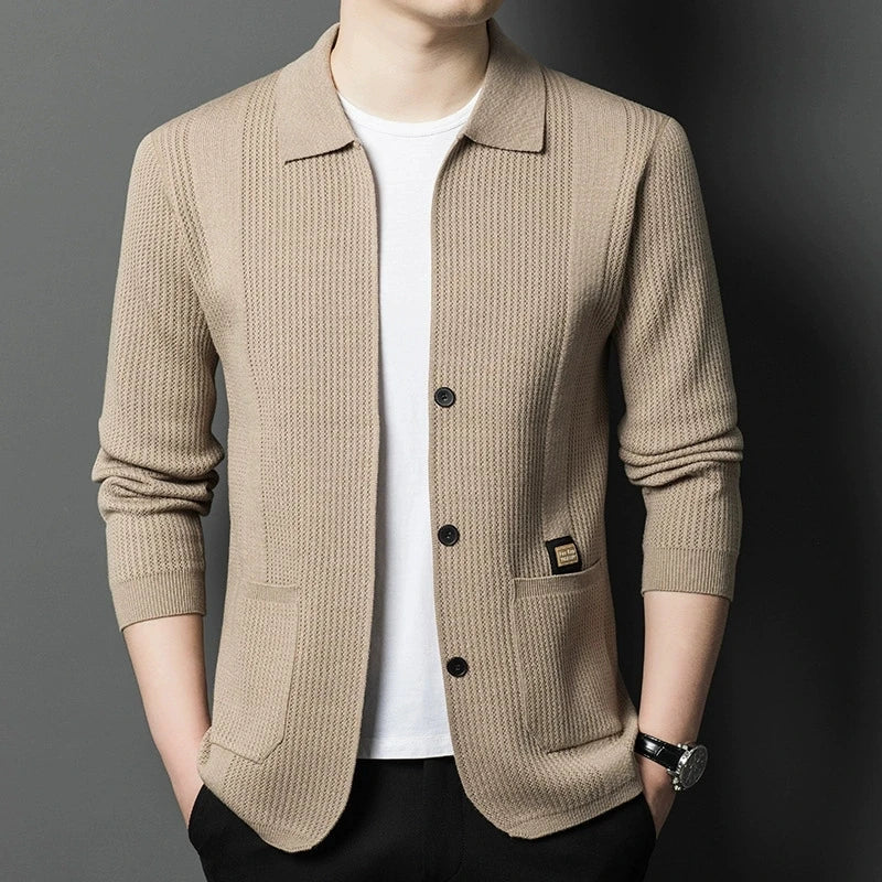 Herenvest met kraag en knoopsluiting, gebreide blazer, jasje met lange mouwen, gebreide pullover