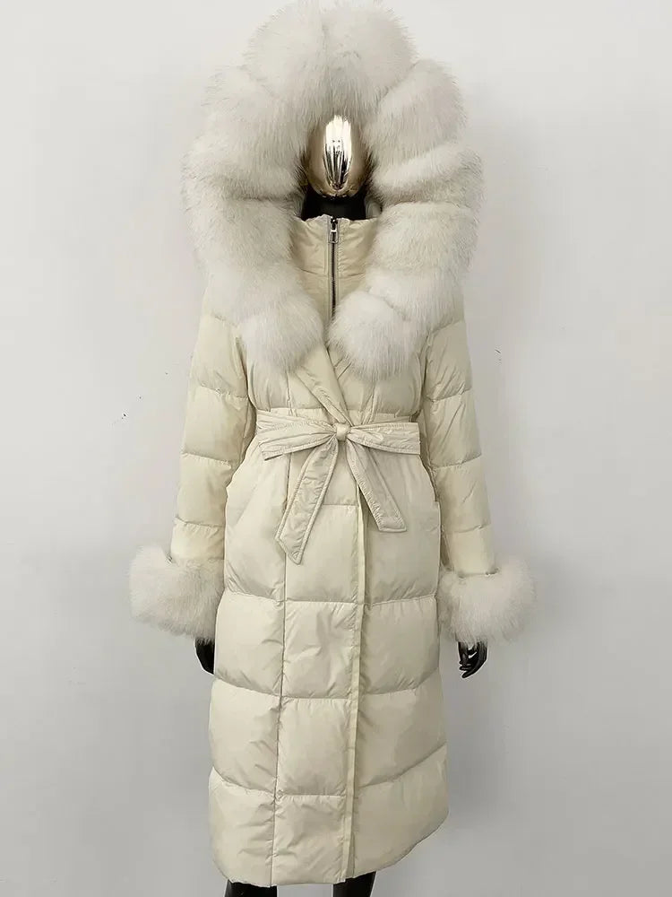 Damen Daunenmantel Lang mit Kapuze und Pelzbesatz Gürtel Steppjacke Warm