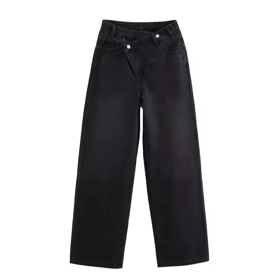 Damen Jeans weites Bein Überlappendes Taillendesign