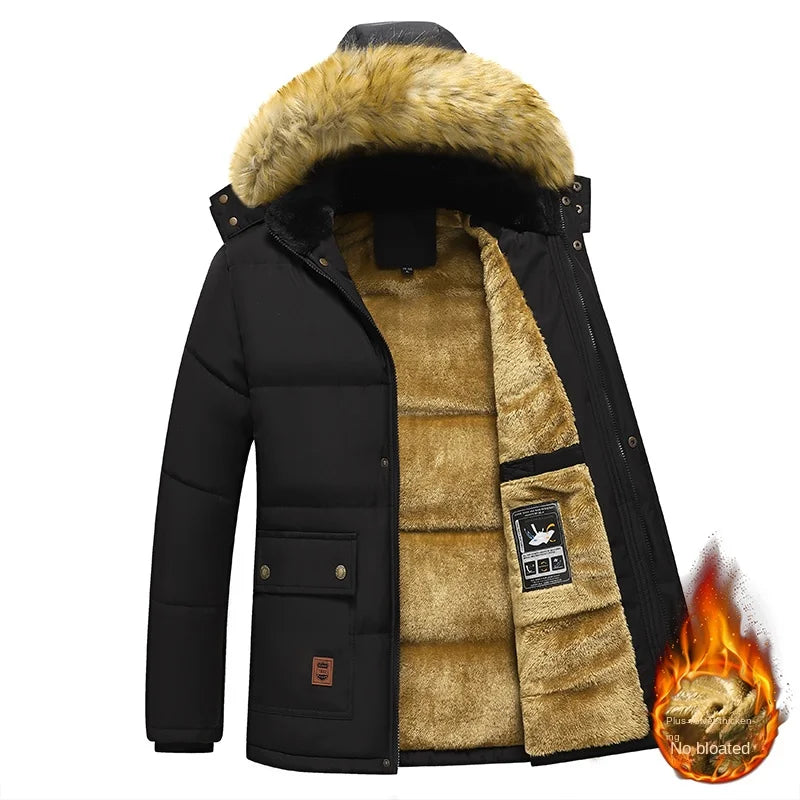 Herren Winterjacke mit Kapuze und Kunstfellbesatz, gefüttert