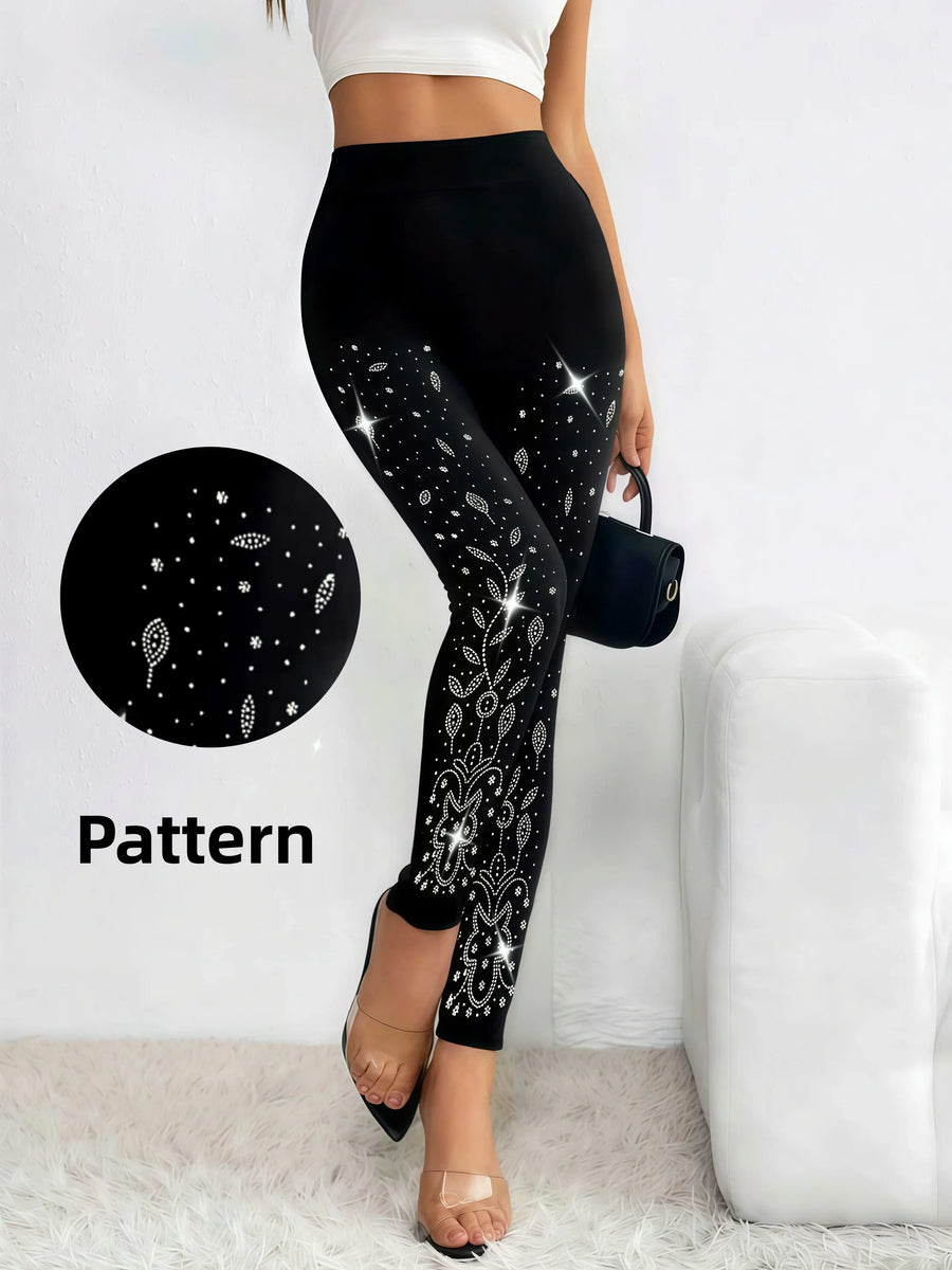 Zwarte dameslegging met glittersteenpatroon en strassteentjes, hoge taille