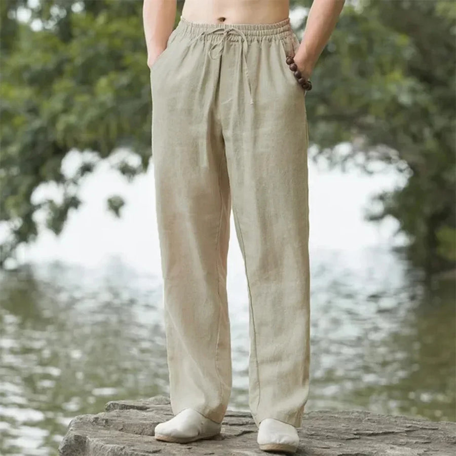 Unisex Leinenhose mit Gummibund & Kordelzug, beige, weites Bein, lockere Passform
