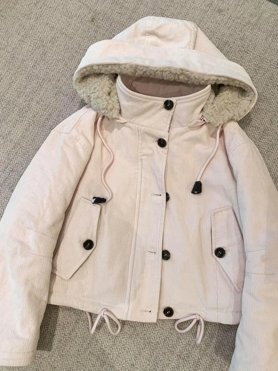 Damen Cord Jacke mit Kapuze und Teddyfutter Hellrosa