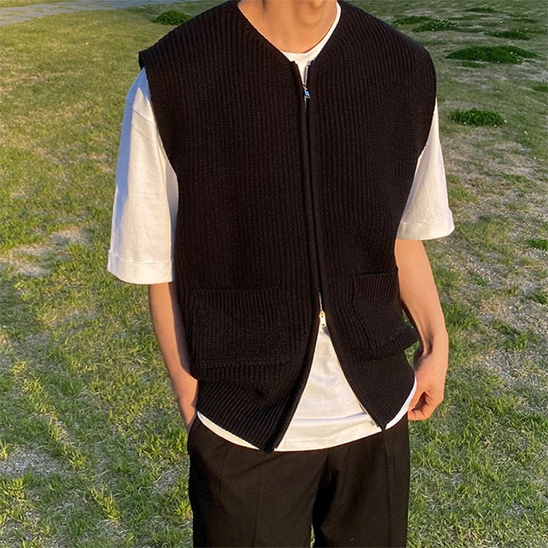 Unisex gebreid vest met ritssluiting en V-hals, mouwloos