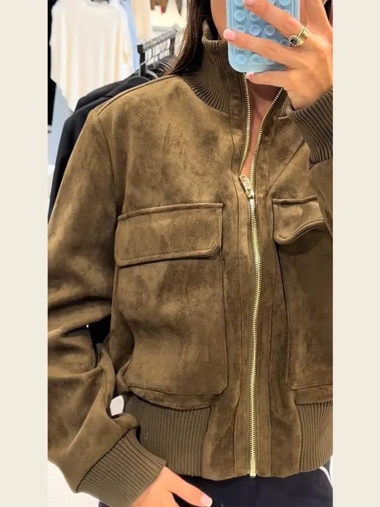 Damen Bomberjacke im Wildleder-Look mit Stehkragen und Reißverschluss