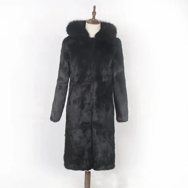 Lange zwarte jas met capuchon en bontrand