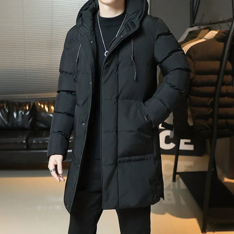 Herren Langer Steppmantel mit Kapuze Winter Warm Gefütterte Jacke