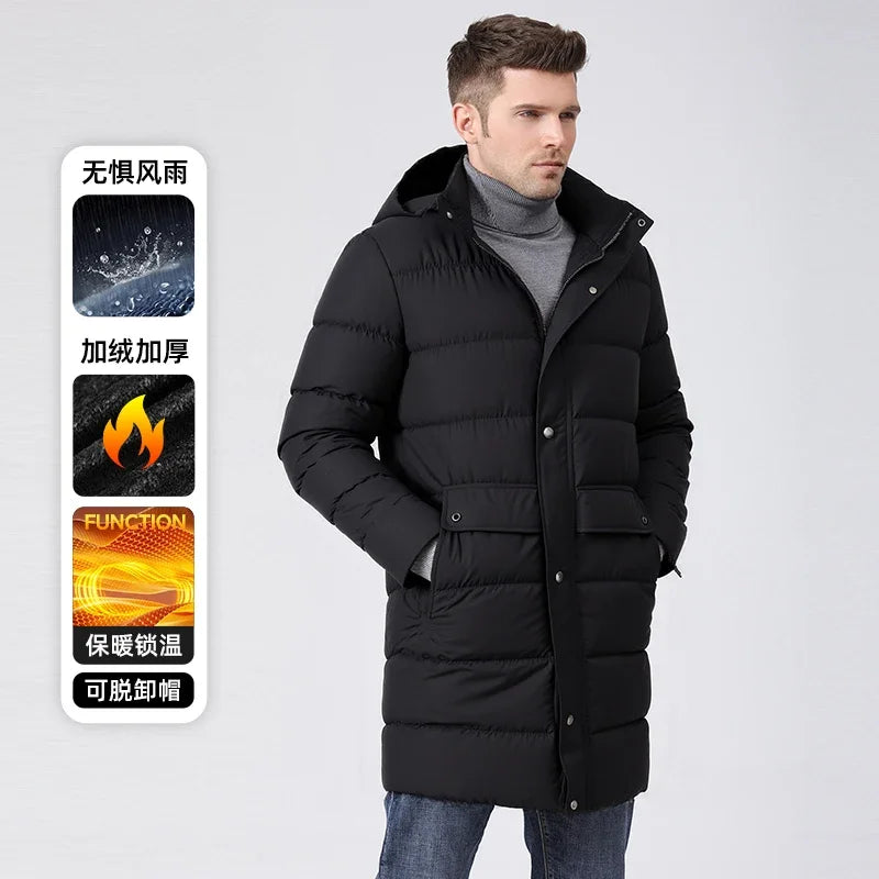 Herren Langer Winter Steppmantel mit Kapuze und Knöpfen – Warm & Winddicht