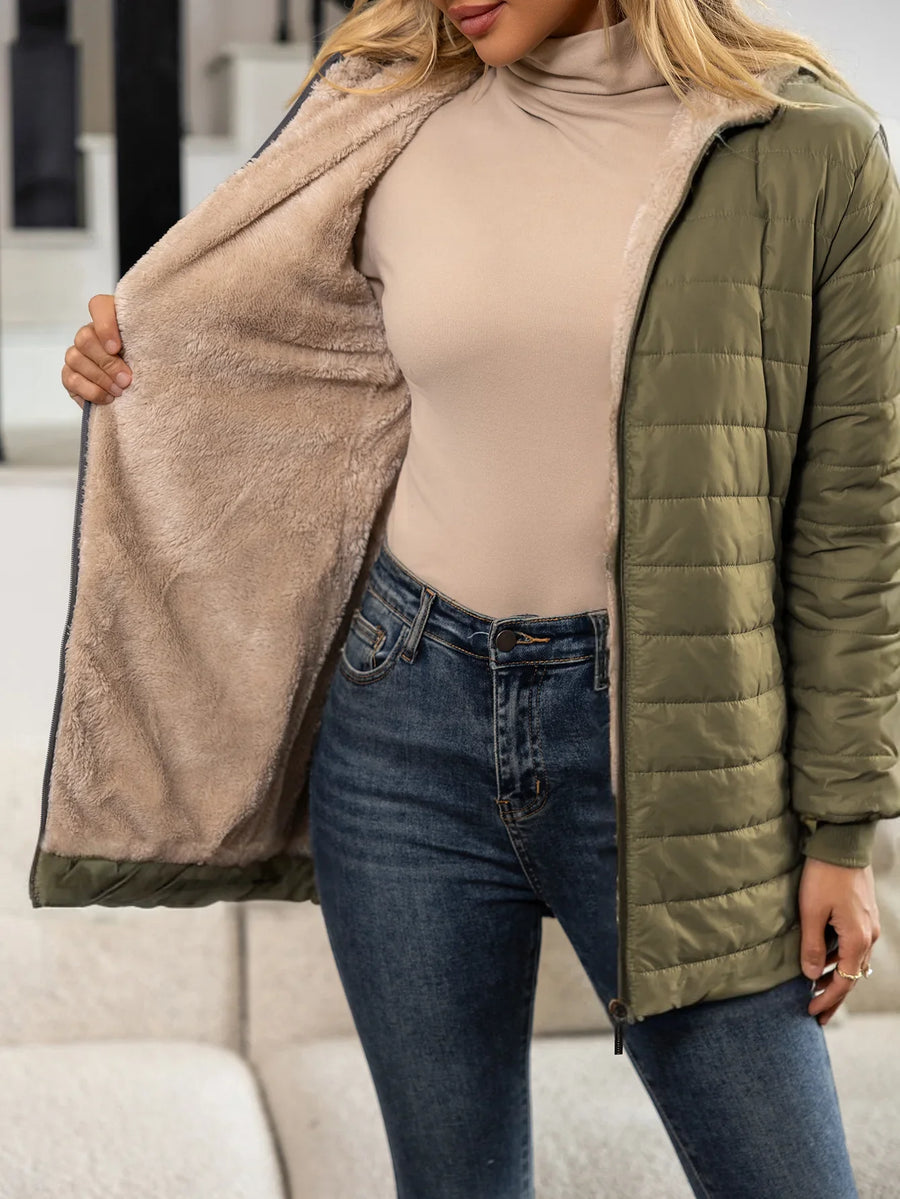 Damen Steppjacke mit Kapuze, gefüttert, lang geschnitten, Warm